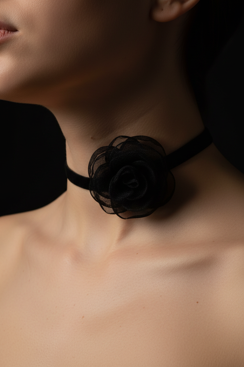 Black Camellia Choker - Side Lit