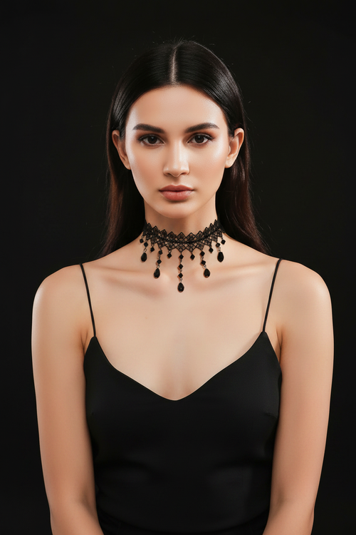Black Crystal Lace Choker - 5 Pendants