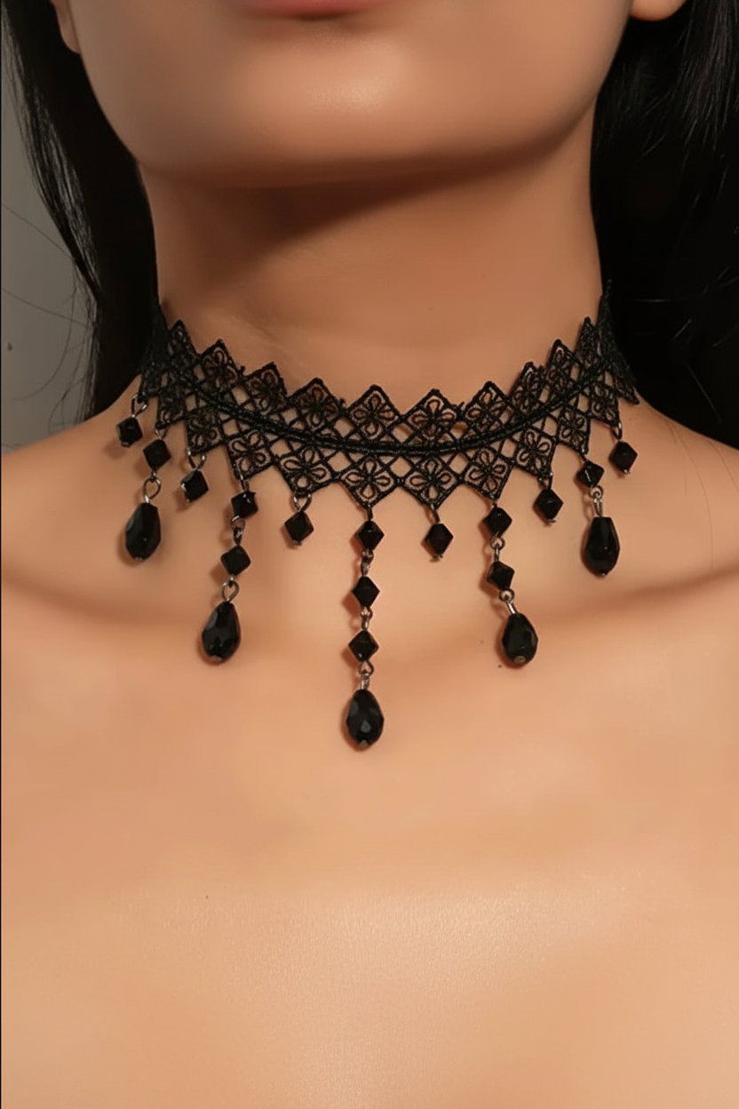 Black Crystal Lace Choker - 5 Spaced Pendants