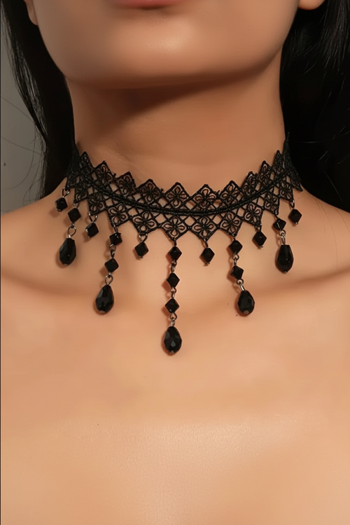 Black Crystal Lace Choker - 5 Spaced Pendants