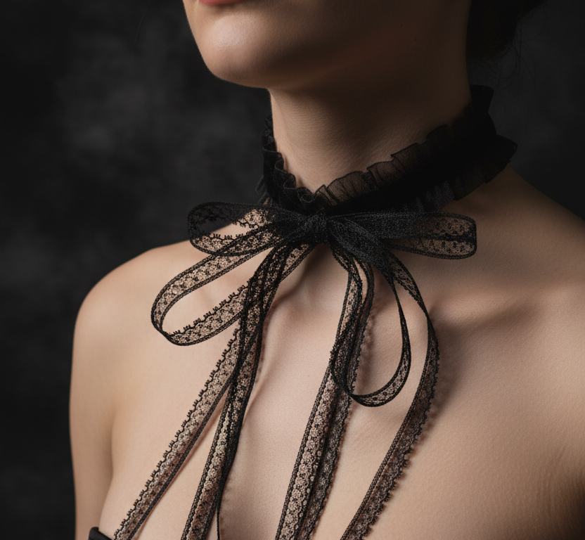 Black Lace Bow Choker - On Neck