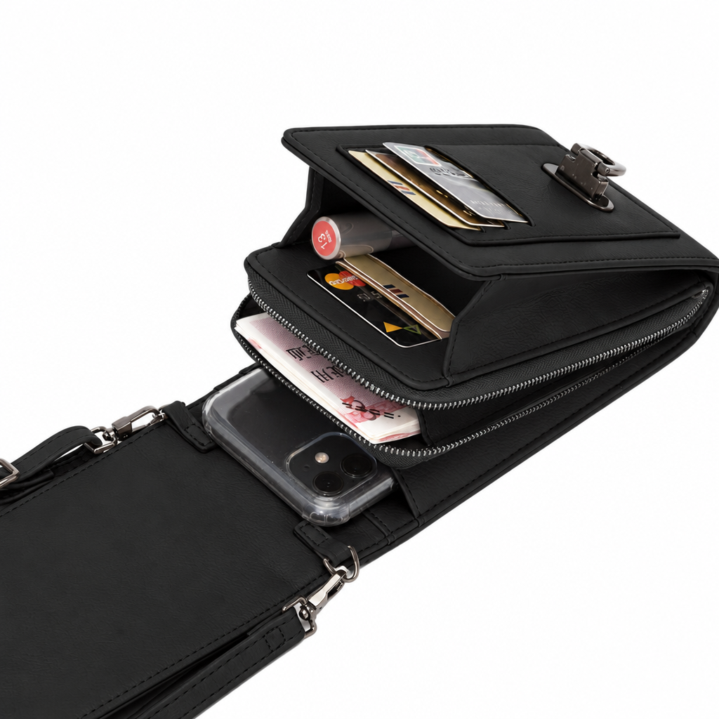 Black phone bag with contents visible