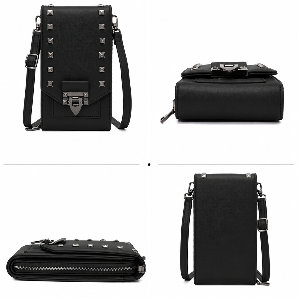 Black rivet bag, four angle views