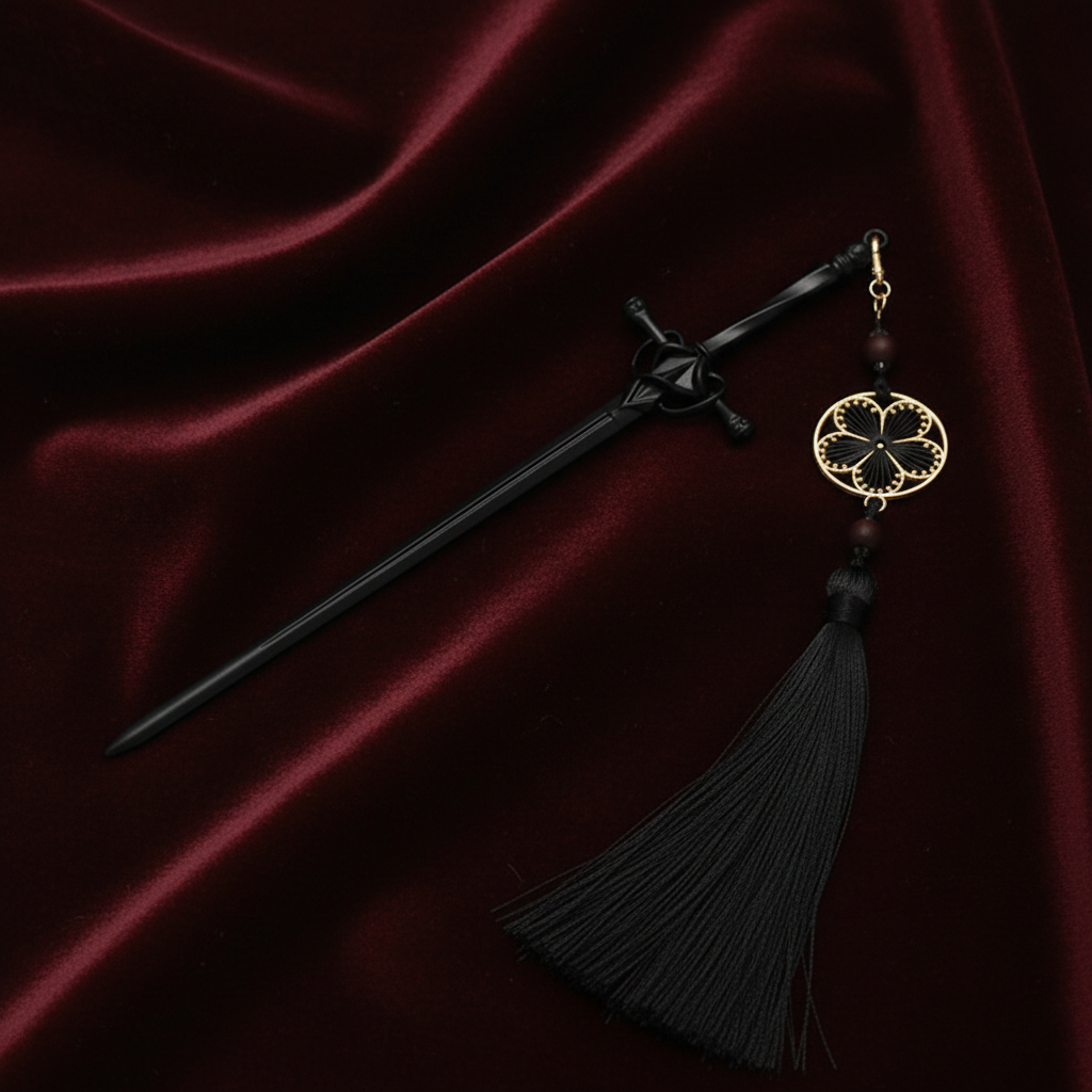 Black Sword Pin Black Tassel - Burgundy Velvet