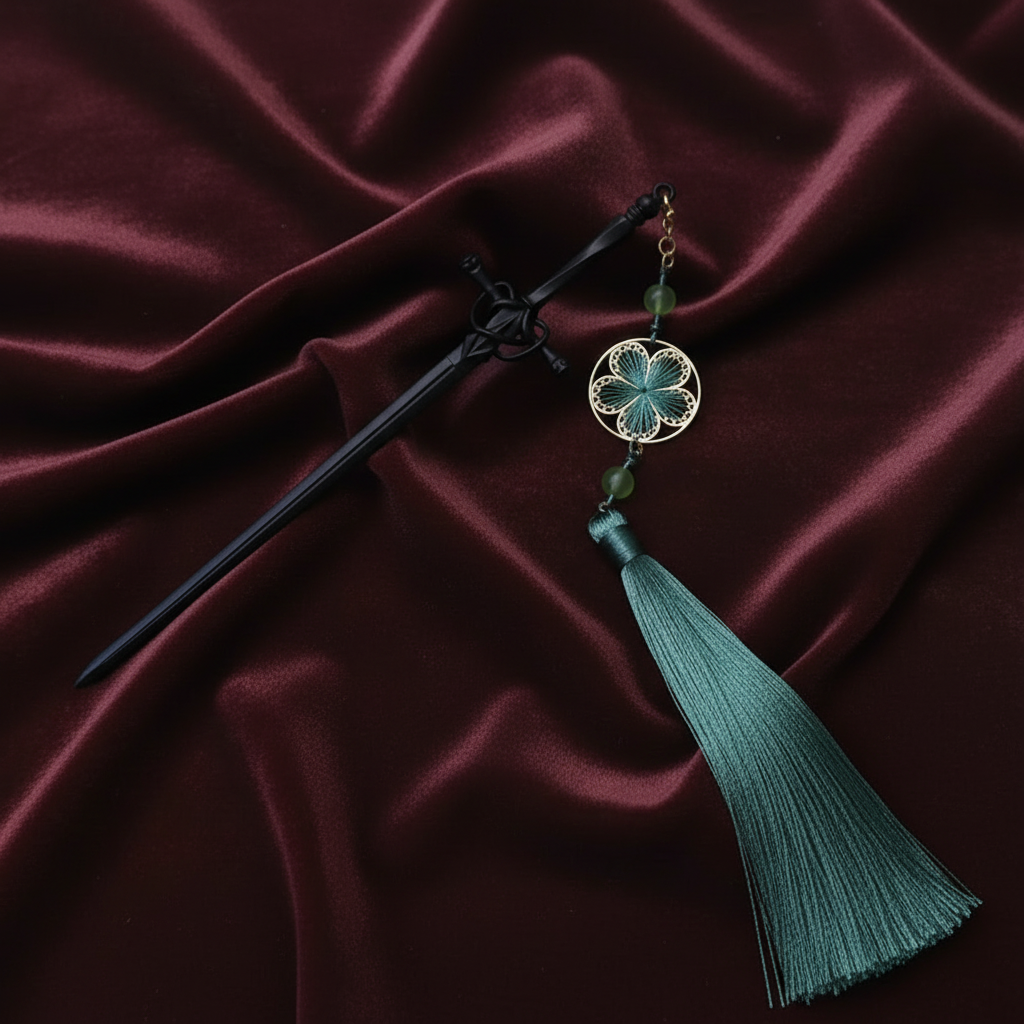 Black Sword Pin Green Tassel - Burgundy Velvet