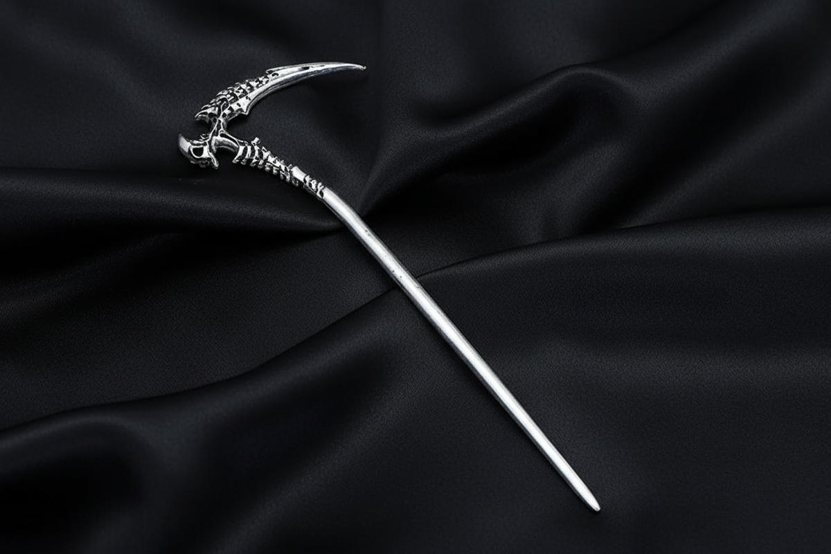 Bone Claw Sickle Hair Pin Full View – Black Satin