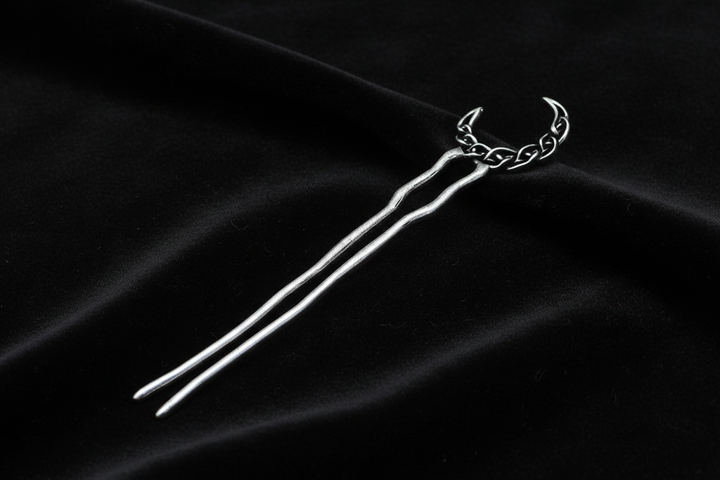 Crescent Moon Hair Fork – Antique Silver – Black Velvet
