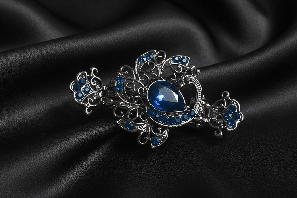 Crystal Filigree Hair Clip – Blue – Black Satin
