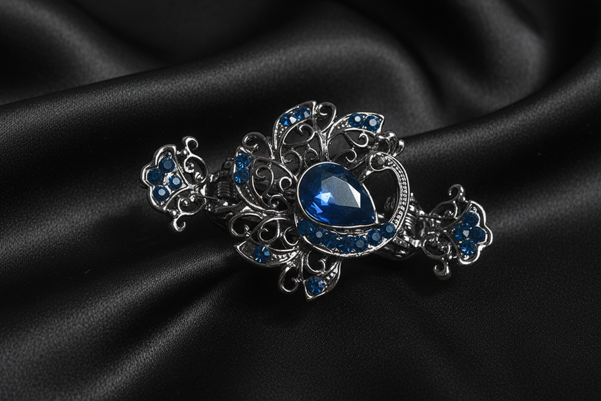 Crystal Filigree Hair Clip – Blue – Black Satin