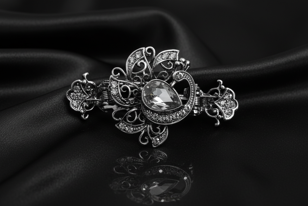 Crystal Filigree Hair Clip – Grey – Black Satin