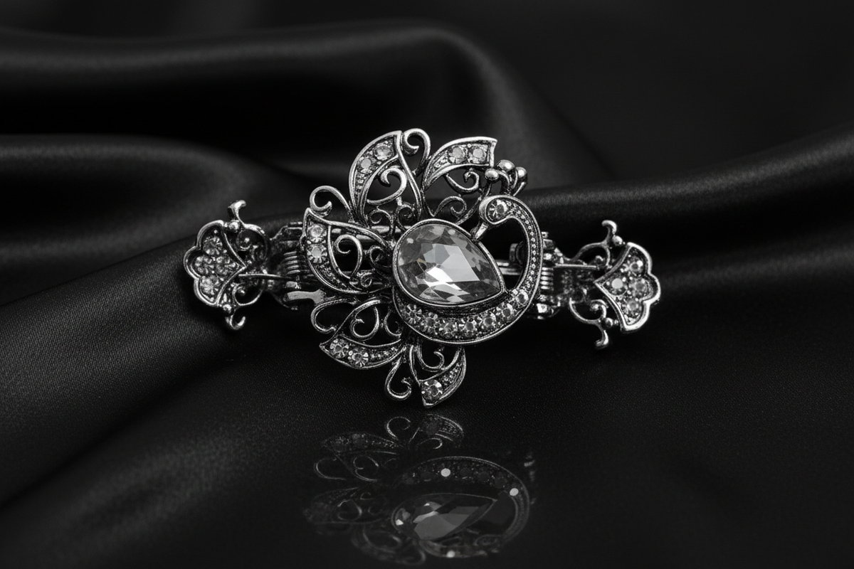 Crystal Filigree Hair Clip – Grey – Black Satin