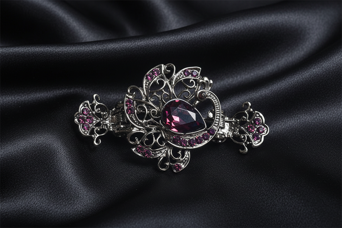 Crystal Filigree Hair Clip – Purple – Black Satin