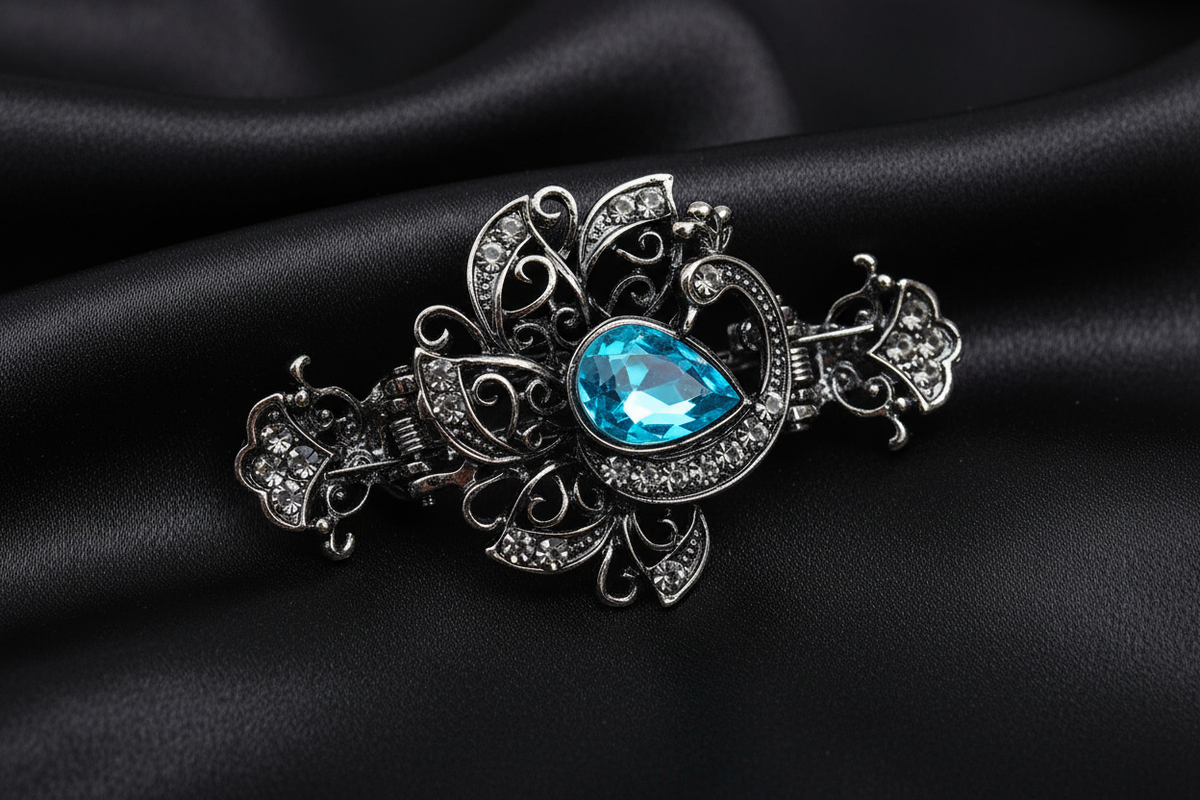 Crystal Filigree Hair Clip – Sky Blue Center – Black Satin
