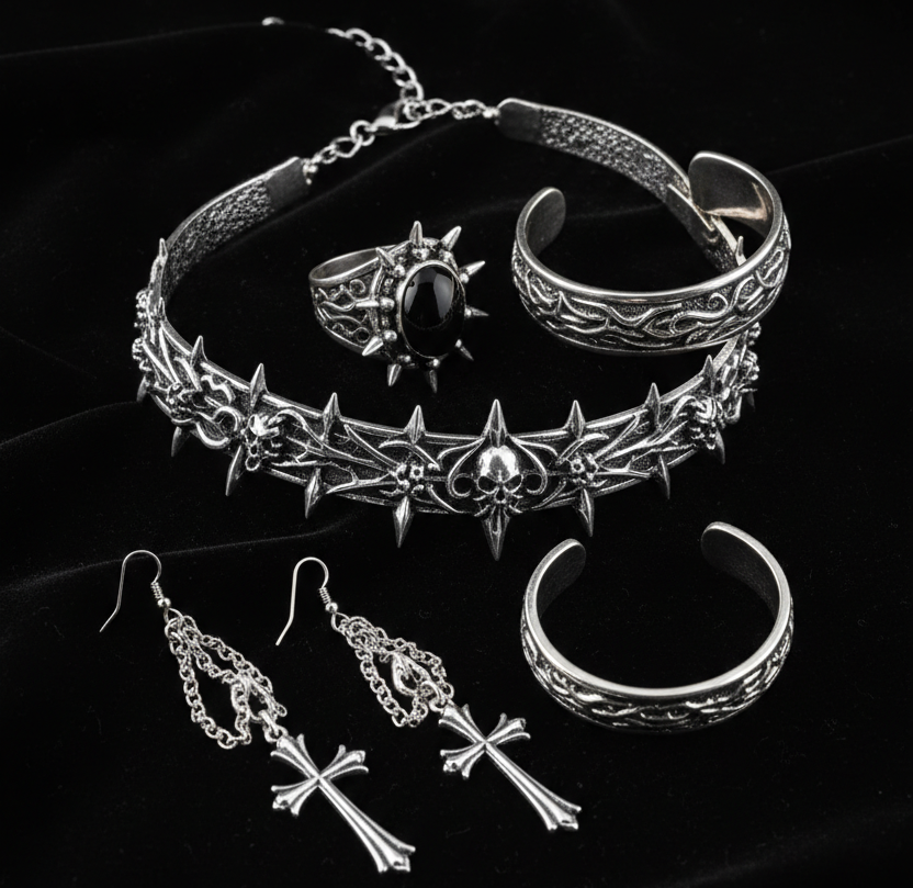 Dark aesthetic jewelry set flat lay