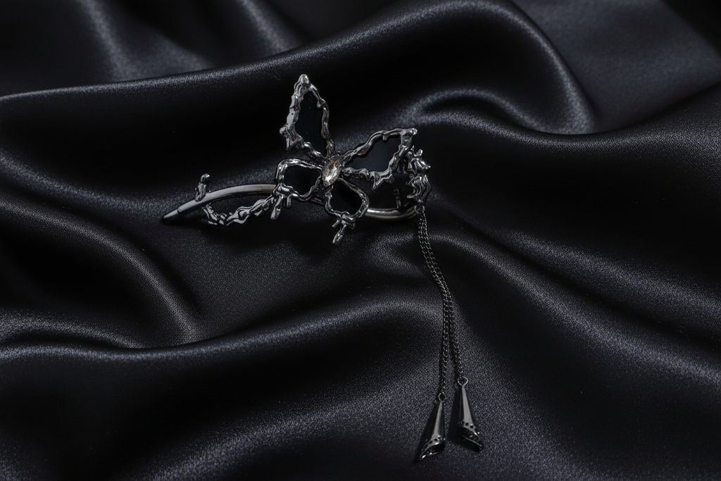Dark Butterfly Chain Hair Clip – Gun Black – Black Satin