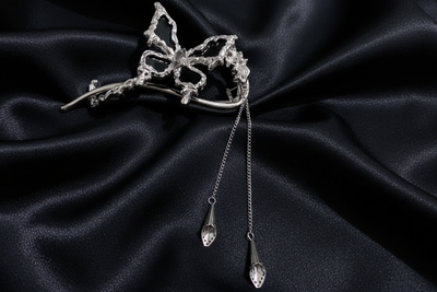 Dark Butterfly Chain Hair Clip – Silver – Black Satin v4