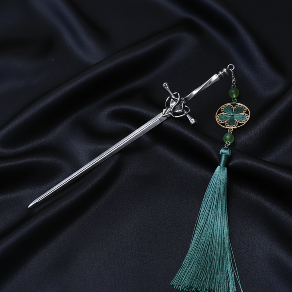 Gun Metal Sword Pin - Green Tassel