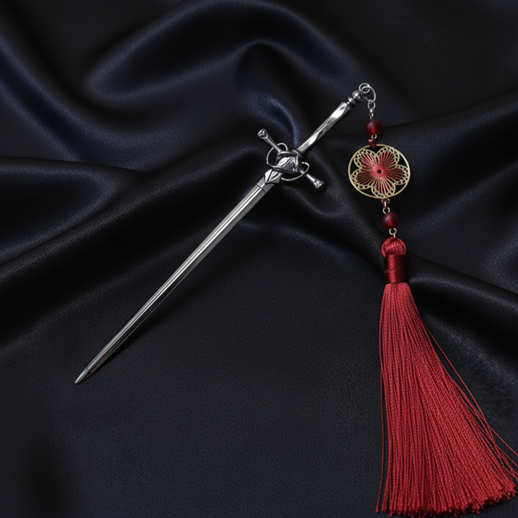 Gun Metal Sword Pin - Red Tassel