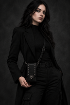 Model holding smaller bag at hip