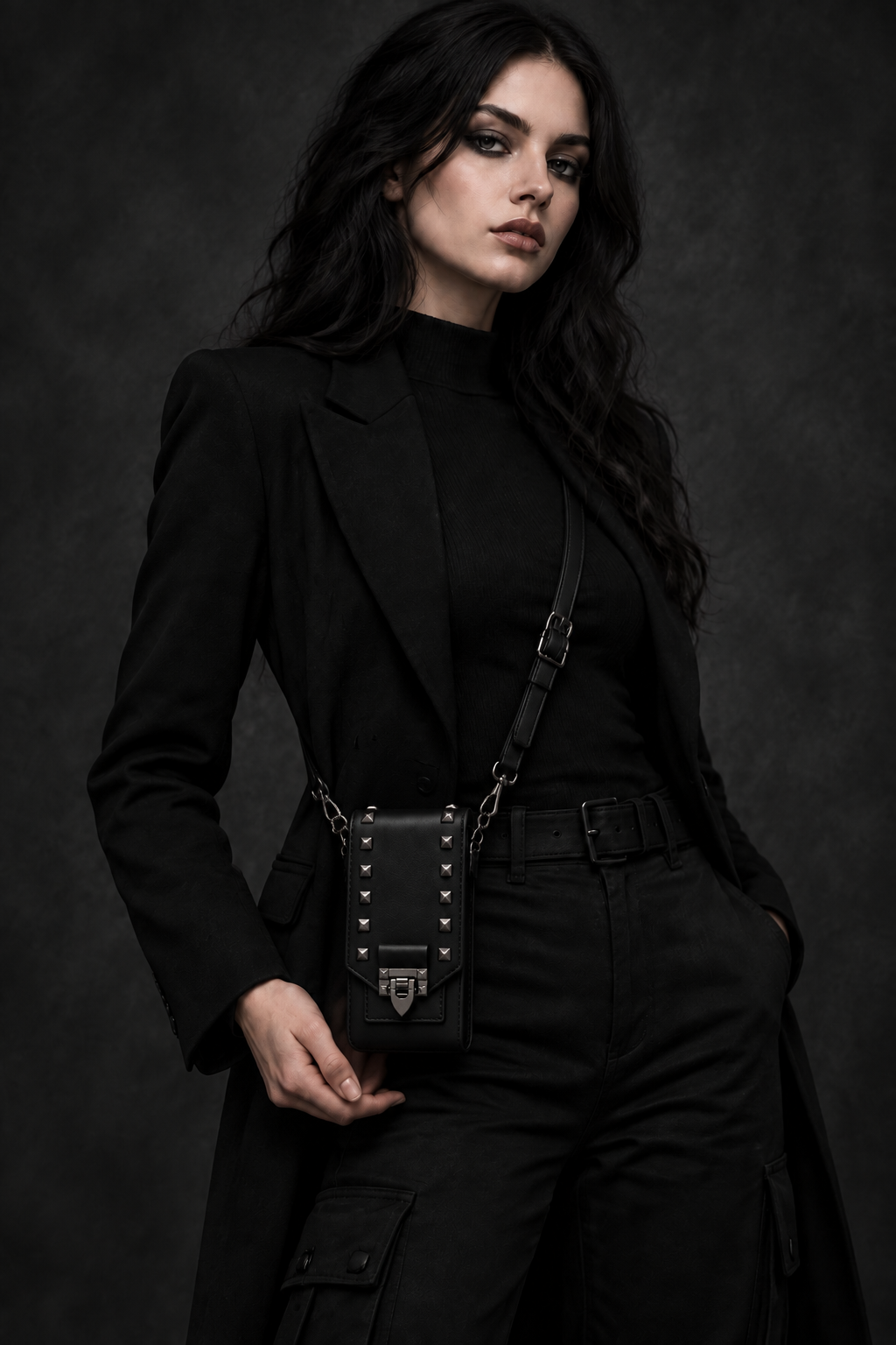 Model holding smaller bag at hip