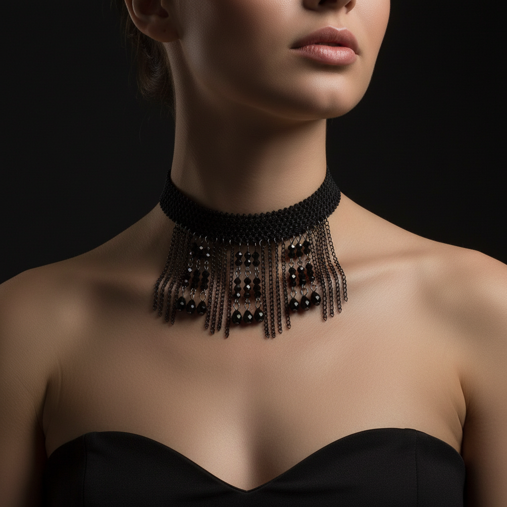 Noir Crystal Tassel Choker - Model