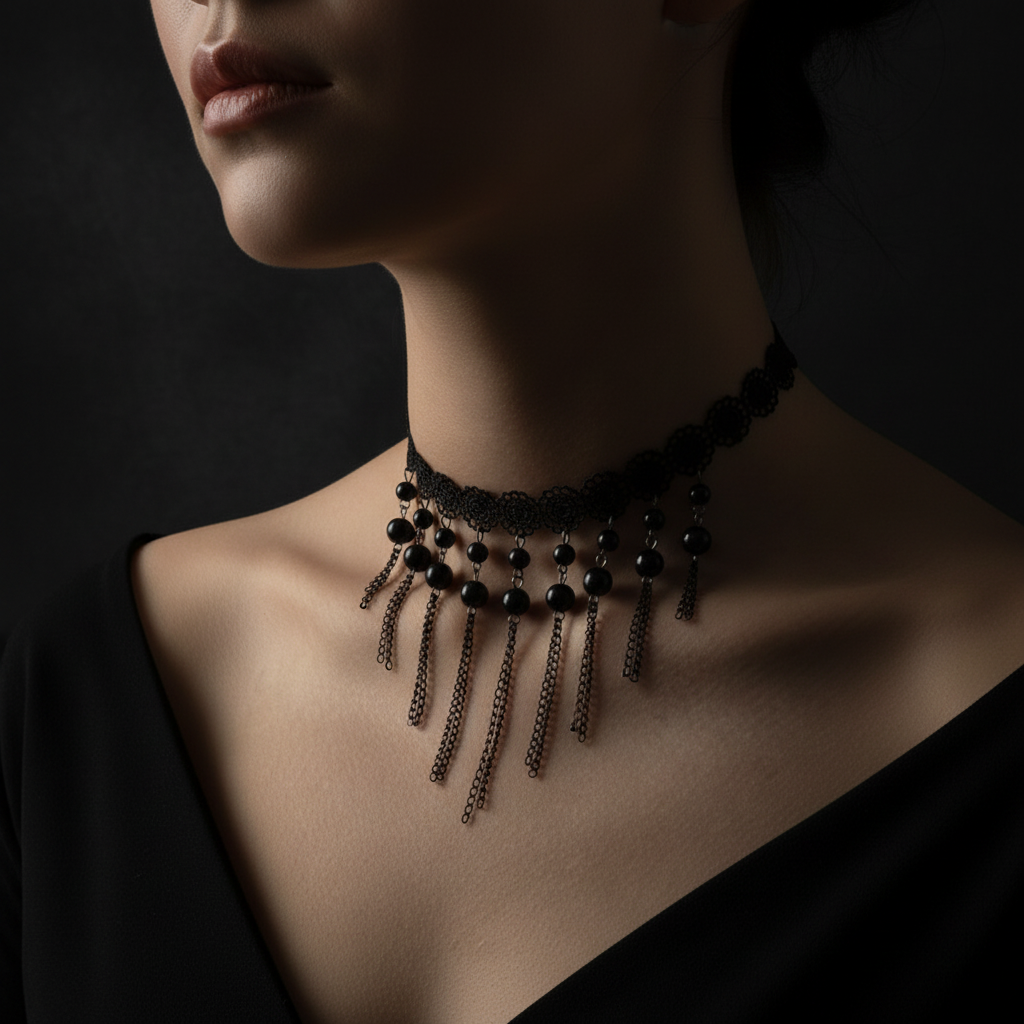 Noir Lace Pearl Choker - Dark Background