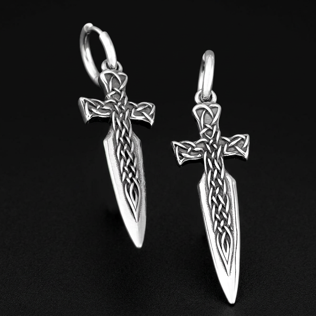 Oathkeeper Sword Hoop Earrings na crnoj mat pozadini