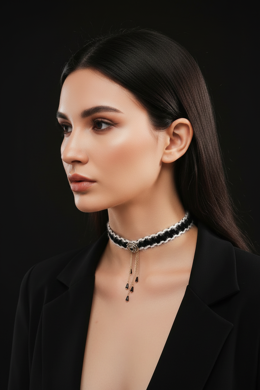 Plush Rose Tassel Choker - Side Gaze