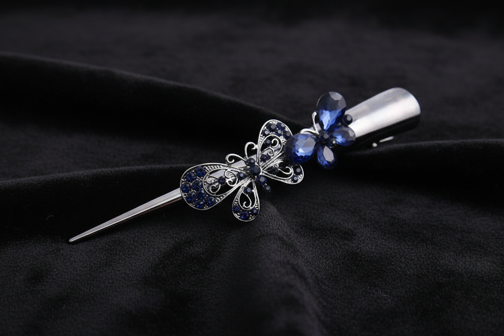 Sapphire Butterfly Barrette – v1 – Black Velvet