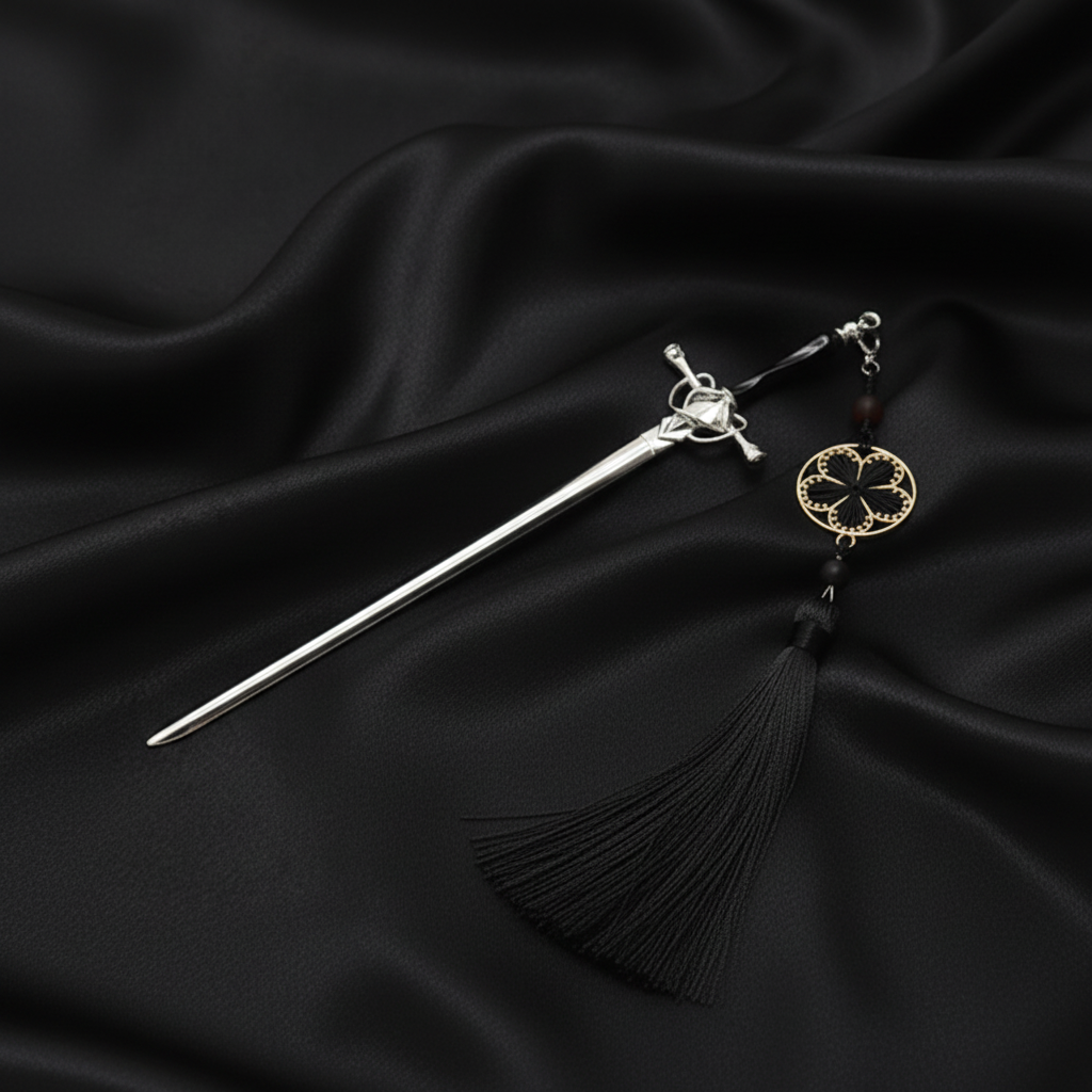 Silver Black Sword Pin - Black Tassel