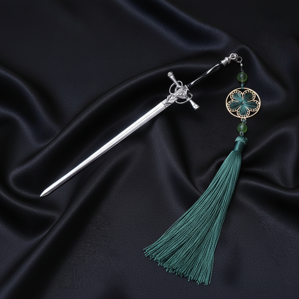 Silver Black Sword Pin - Green Tassel