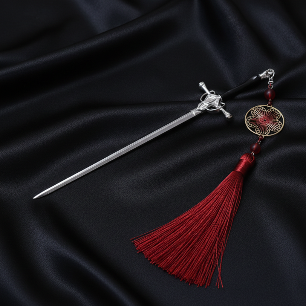 Silver Black Sword Pin - Red Tassel