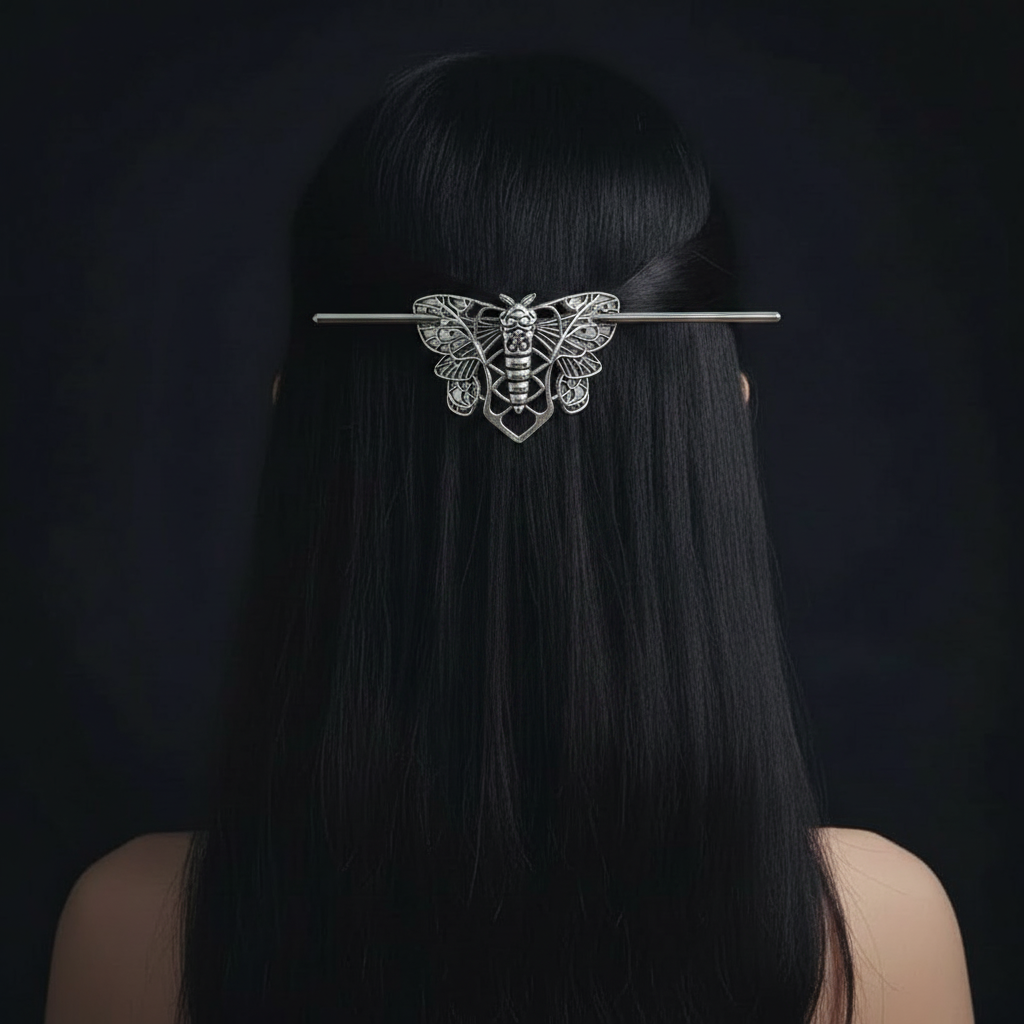 Silver moth pin back of head straight hair dark background