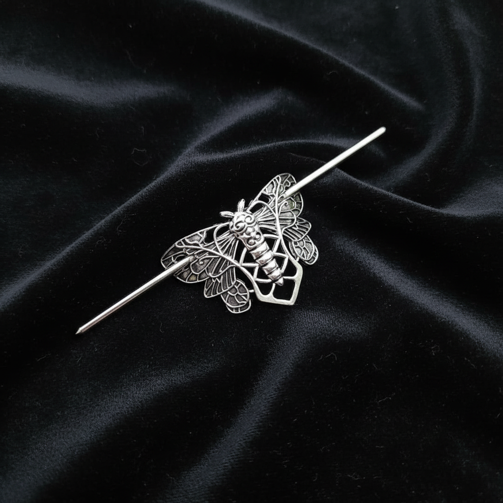 Silver moth pin on black velvet