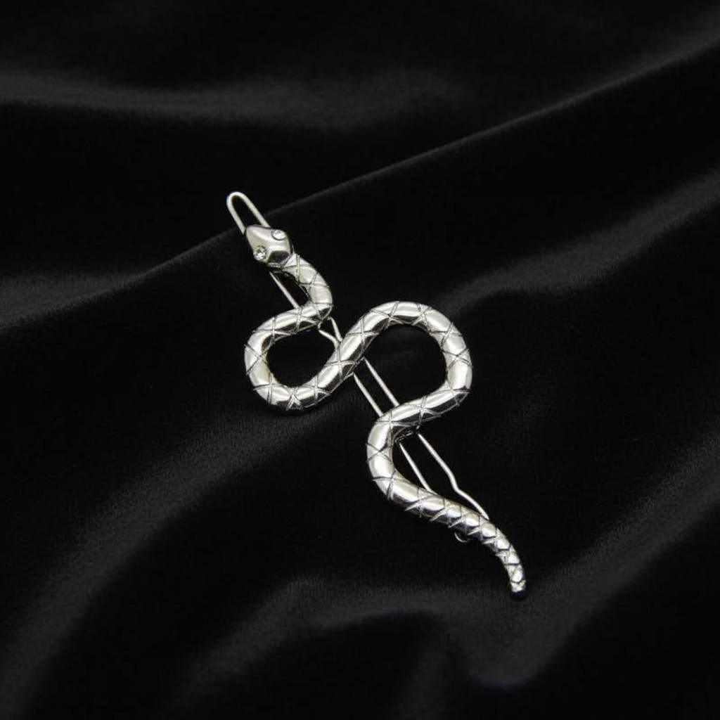 Silver snake hair clip centered black velvet