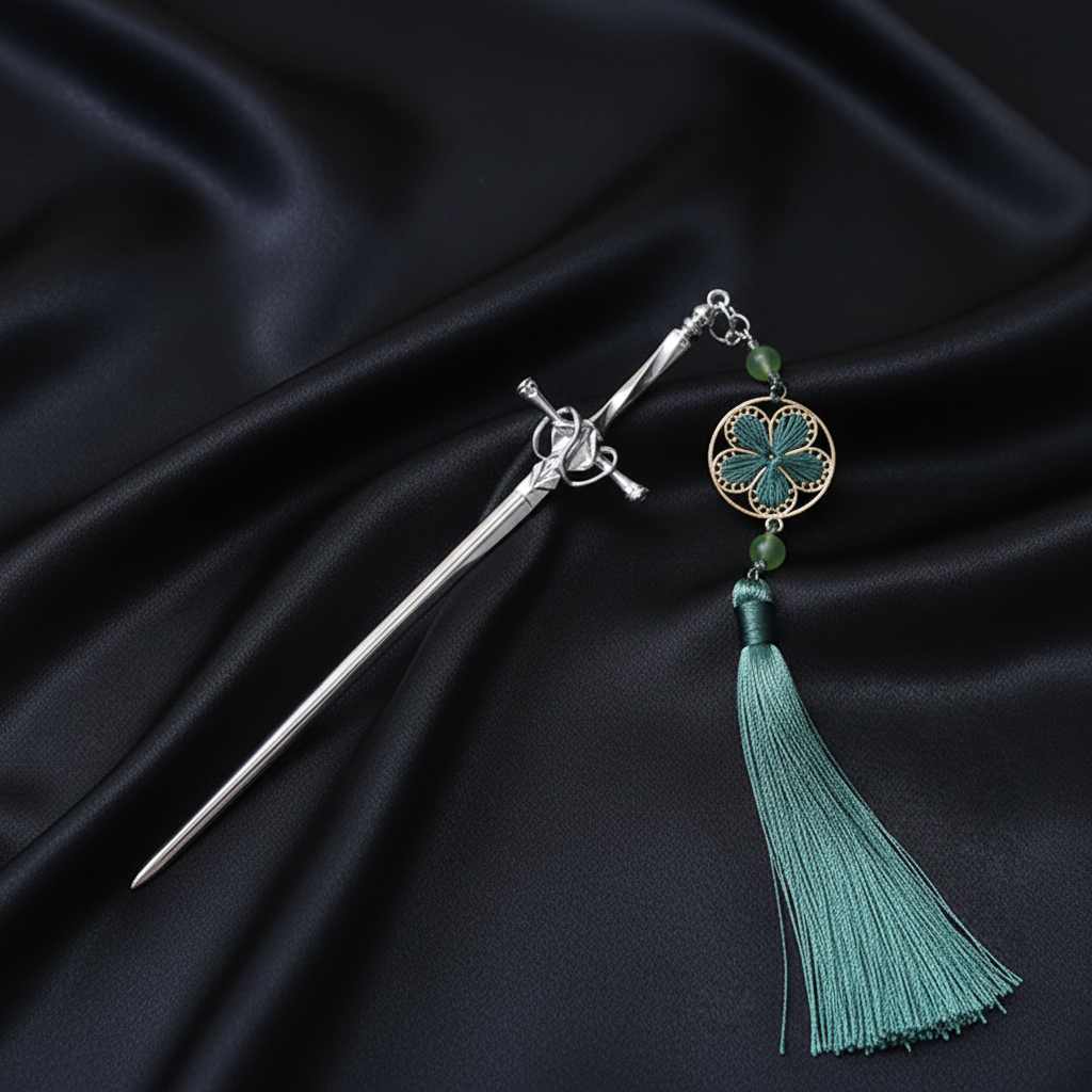 Silver Sword Hair Pin - Green Tassel