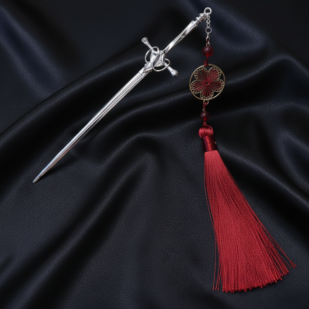 Silver Sword Hair Pin - Red Tassel