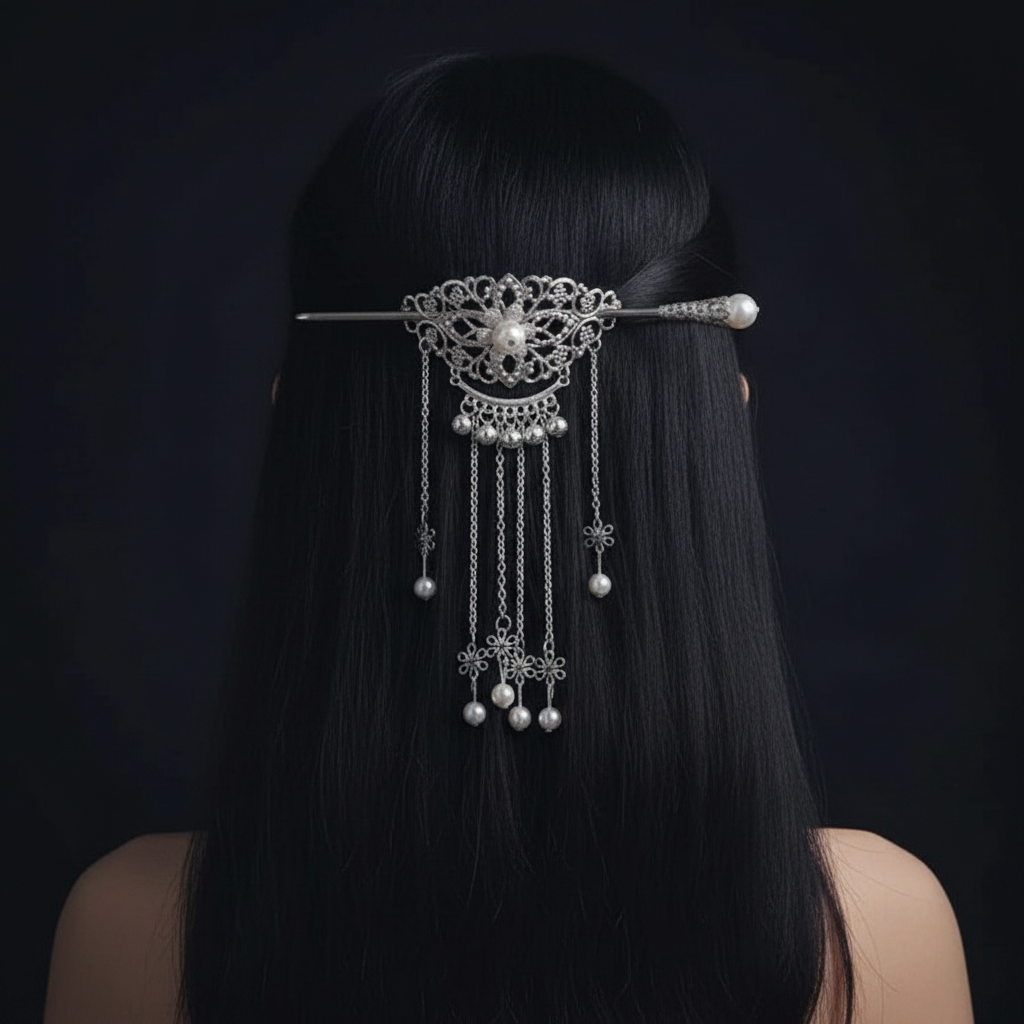 Tassel hair clip back of head center dark background